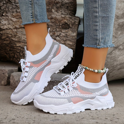 Women'S Color-Blocked Casual Sneakers, Breathable Lace-Up Running Shoes with Flying Woven Design, Stylish Mesh Platform Casual Footwear., Women Shoes