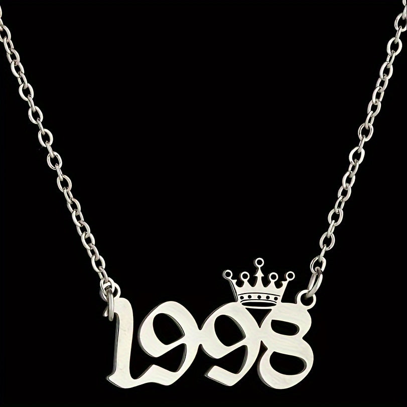 1 Elegant and Stylish Stainless Steel Polished Year Number Necklace, Unique Date Birthday Crown Pendant Necklace Gift for 1980-2024, Versatile Casual Attire Collarbone Chain Holiday Present