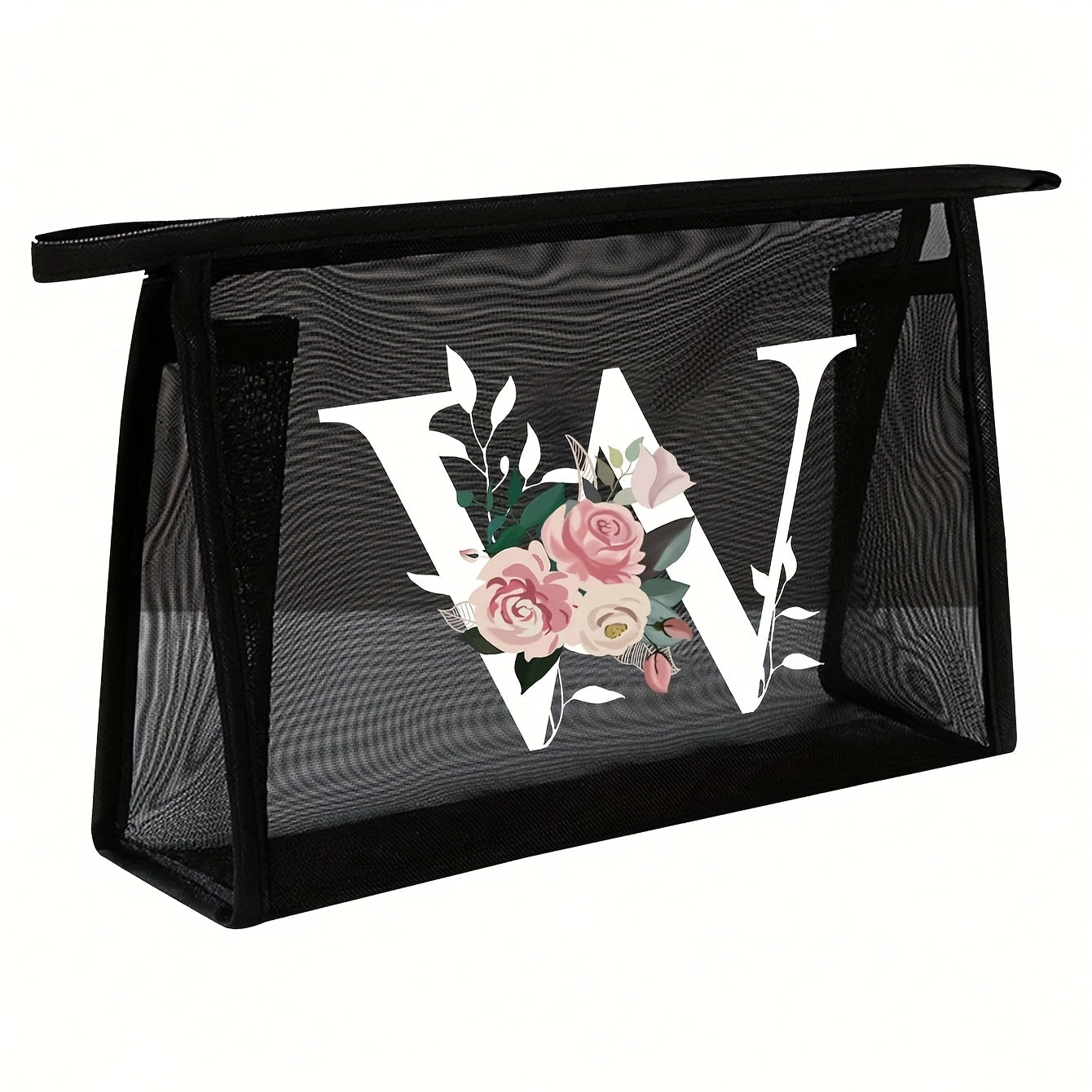 1pc Black Mesh Toiletries Storage Bag | Large Capacity Pink Flowers With White Letters A-Z, Transparent Mesh, Multi-Functional Travel Portable Bag, Lipstick Skin Care Storage, Easy And High-End, Jewelry Storage, Foldable And Lightweight
