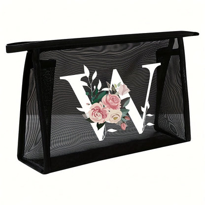 1pc Black Mesh Toiletries Storage Bag | Large Capacity Pink Flowers With White Letters A-Z, Transparent Mesh, Multi-Functional Travel Portable Bag, Lipstick Skin Care Storage, Easy And High-End, Jewelry Storage, Foldable And Lightweight