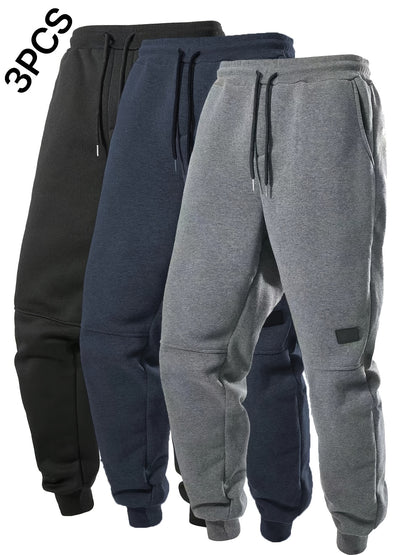 3pcs Men'S Joggers with Elastic Waistband & Drawstring - Casual Solid Color Sweatpants, Regular Fit, Knee-Length, Comfortable for Fall/Winter, Jogging Pants, Jogging P, Everyday Sweatpants, Durable Sweatpants, Winter Joggers, Classic Joggers, Joggers