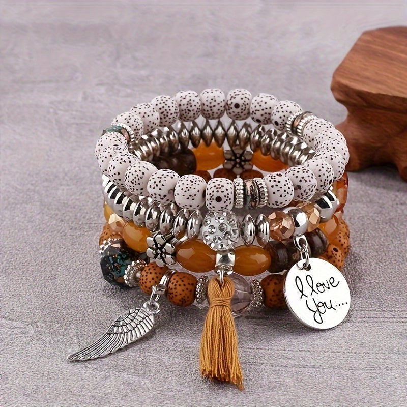 [4pcs Bohemian Bracelets] 4pcs Bohemian Winged Tassel Beaded Bracelets | Women's Fashion Jewelry, Versatile for Casual Attire and Perfect Holiday Gift