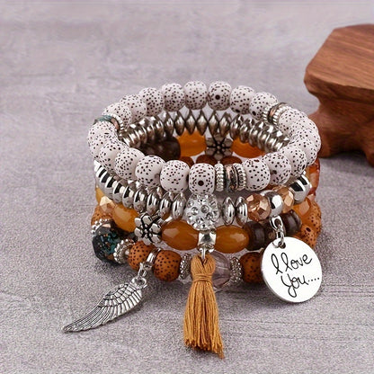 [4pcs Bohemian Bracelets] 4pcs Bohemian Winged Tassel Beaded Bracelets | Women's Fashion Jewelry, Versatile for Casual Attire and Perfect Holiday Gift