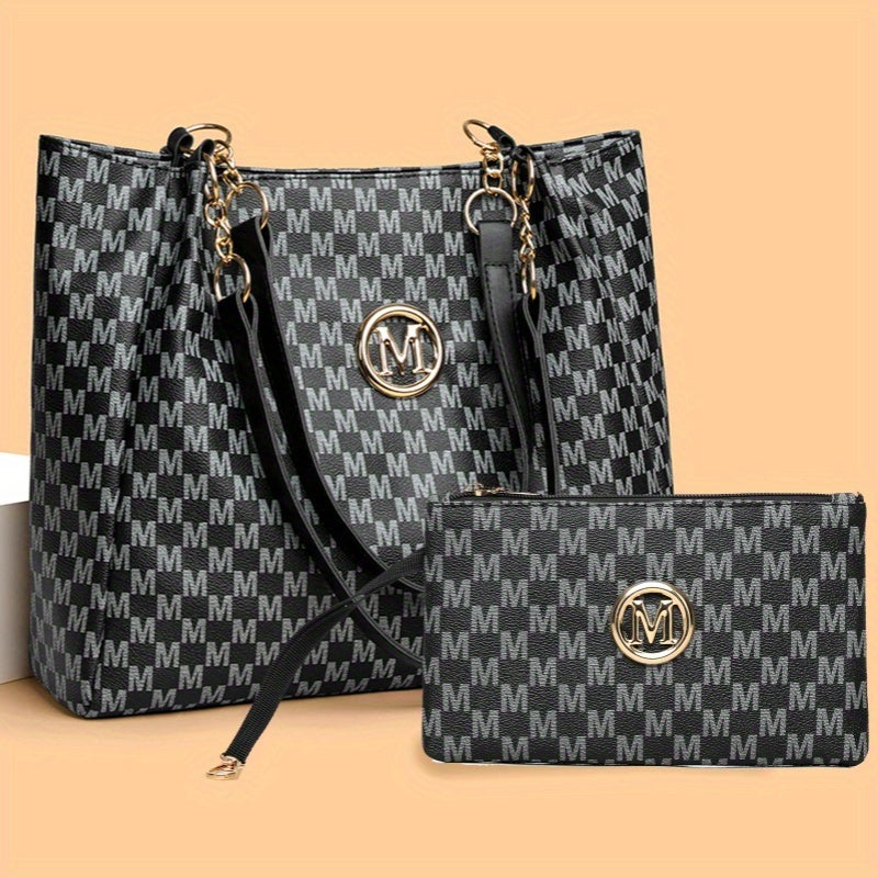 Fashionable Retro Style Women'S Tote Bag with "M" Print | Large Capacity, Fixed Shoulder Straps, Lining, Ideal for Daily Use and Work Commute, Includes Matching Wallet