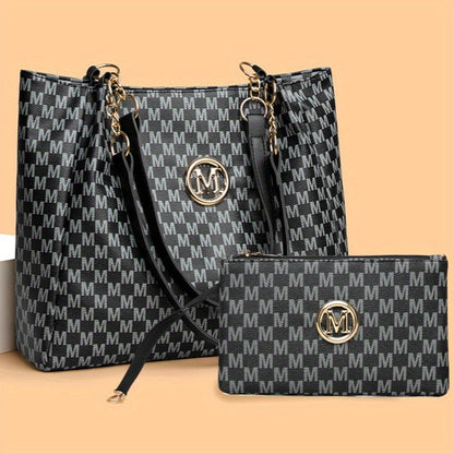 Fashionable Retro Style Women'S Tote Bag with "M" Print | Large Capacity, Fixed Shoulder Straps, Lining, Ideal for Daily Use and Work Commute, Includes Matching Wallet
