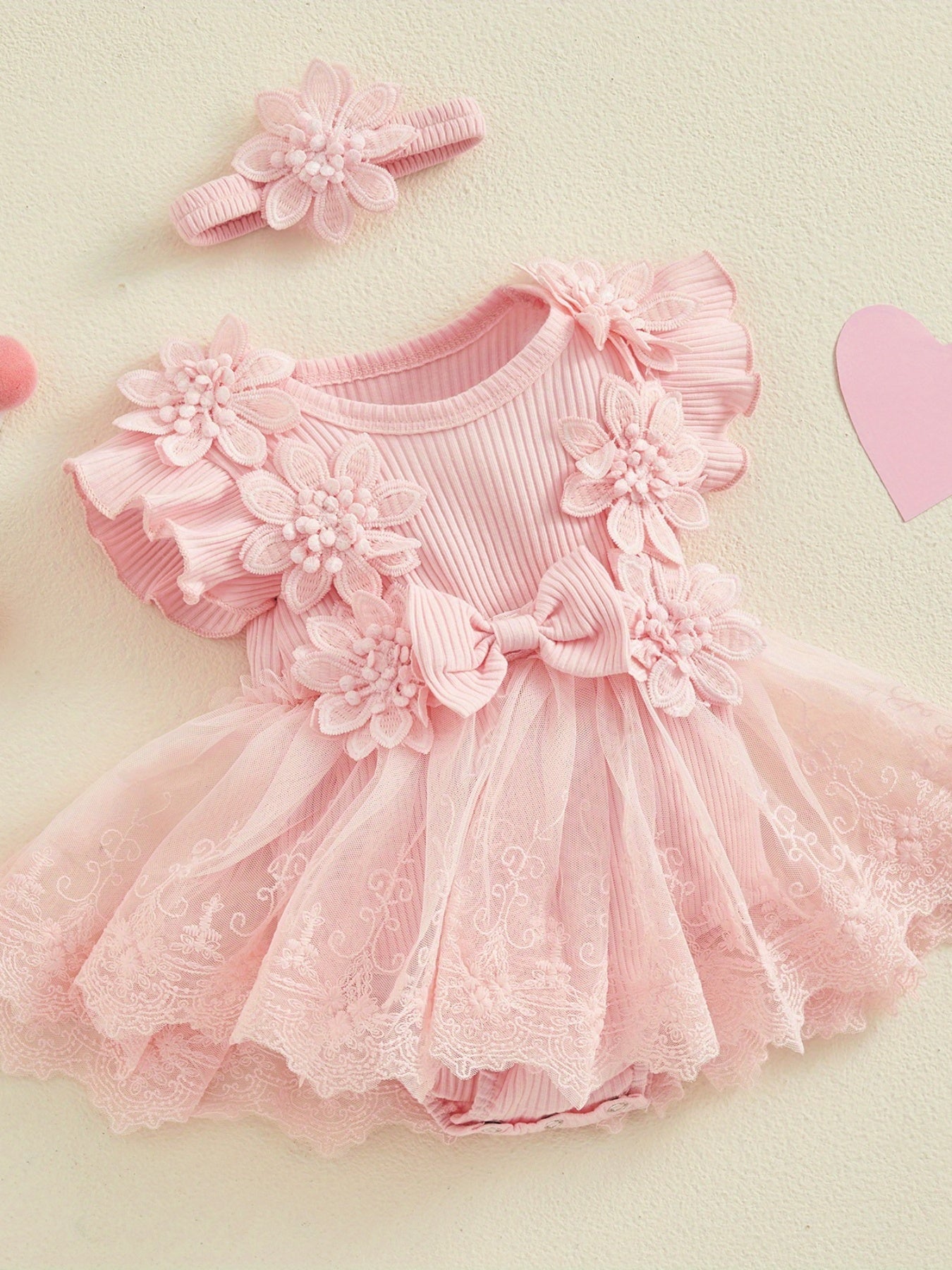Girl 2pcs Outfits Mesh Lace Patchwork Ruffle Romper Dress and Headband Cute Fashion Summer Clothes, Perfect for Outdoor