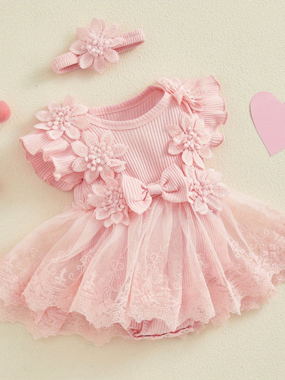 Girl 2pcs Outfits Mesh Lace Patchwork Ruffle Romper Dress and Headband Cute Fashion Summer Clothes, Perfect for Outdoor