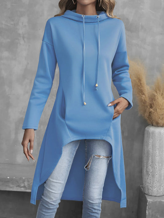 Long Sleeve Solid Color Drawstring Hoodie, Casual Hig-low Hoodie Sweatshirt for Women