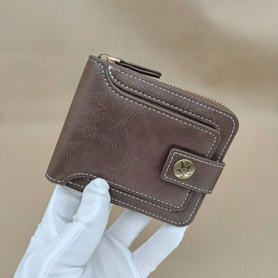 1pc, Fashionable Bark-pattern Brown PU Credit Card Holder with Zipper and Snap Closure, Small Zippered Coin Pouch, Zipper Button Closure, Business Style, Futuristic Zipper Wallet, ID Card Holder, Thanksgiving, Christmas, Warm Winter New Arrival