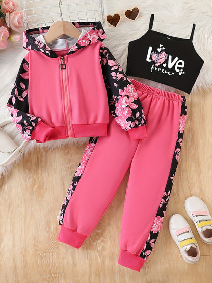 3pcs Set for Girls: Spring/Autumn Fashion Cartoon Flower and "Love" Letter Print Zipper Hooded Cardigan Jacket with Camisole Long Pants, New Cute Baby Children's Girls' Outdoor 3pcs Set, Perfect for Outdoor