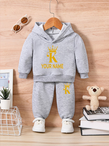 [Customization]Christmas Edition Crown K Custom Kids Fashion Casual Hooded Sweatshirt Set with Personalized Name (Other items not included for), Perfect for Outdoor