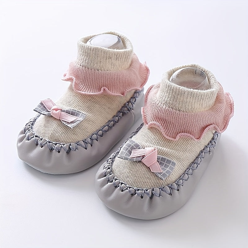 Spring/Autumn Cartoon Children's -Soled Socks, Baby's First Walking Floor Socks with Bow, Non-Slip Soft-Soled Shoe Socks for Kids