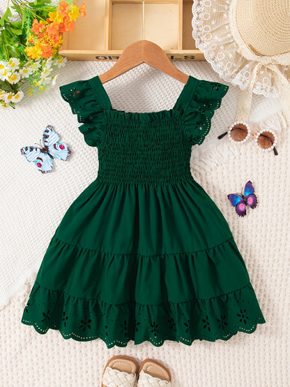 Girls' Casual Dress, Summer Daily Casual Outing, Square Neckline Sleeveless Small Flutter Sleeve Design, Gathered Waist, Solid Color, Knee-Length