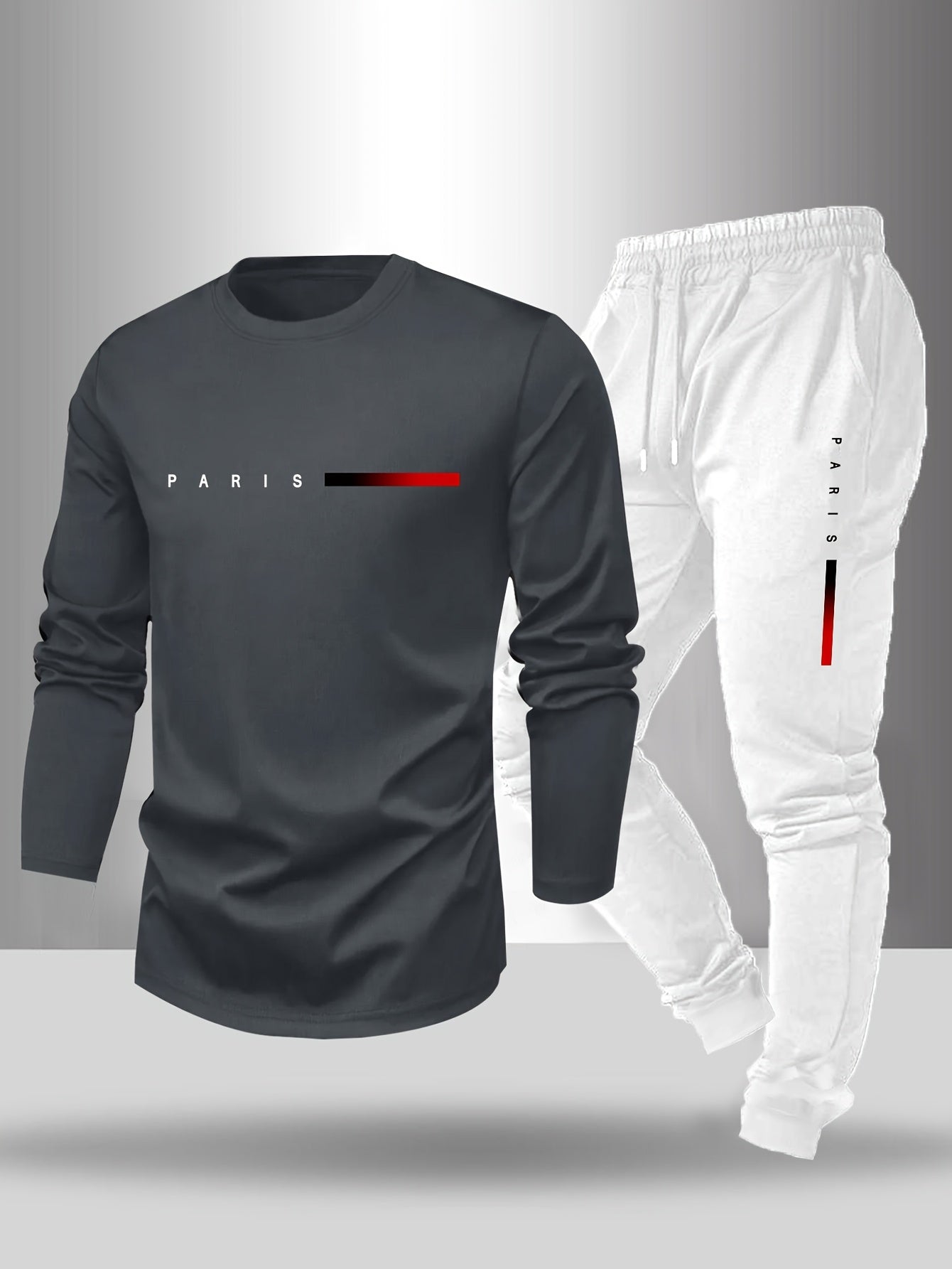Men's Long Sleeve T-Shirt and Pants Set, Spring/Autumn 2-Piece Set with Paris Letter Print Crew Neck Long Sleeve T-Shirt + Drawstring Outdoor Casual Sports Pants Set 2-Piece