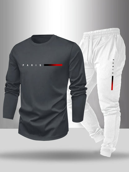 Men's Long Sleeve T-Shirt and Pants Set, Spring/Autumn 2-Piece Set with Paris Letter Print Crew Neck Long Sleeve T-Shirt + Drawstring Outdoor Casual Sports Pants Set 2-Piece