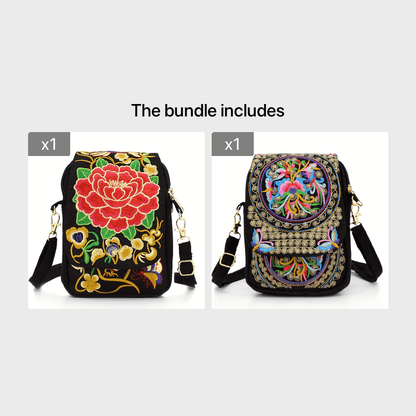 [Embroidered Crossbody Bag] Women's Embroidered Crossbody Bag - Mini Shoulder Bag - Portable Double-Layer Wallet - Phone Pouch