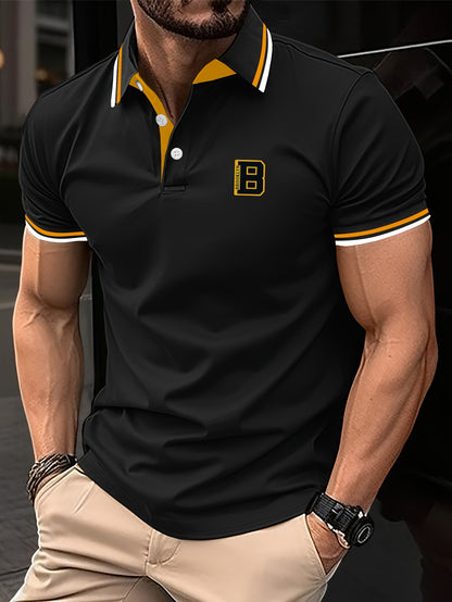 Men'S Summer Short-Sleeve Polo Shirt with a Stylish Color-Blocked Striped Collar for Casual Wear.