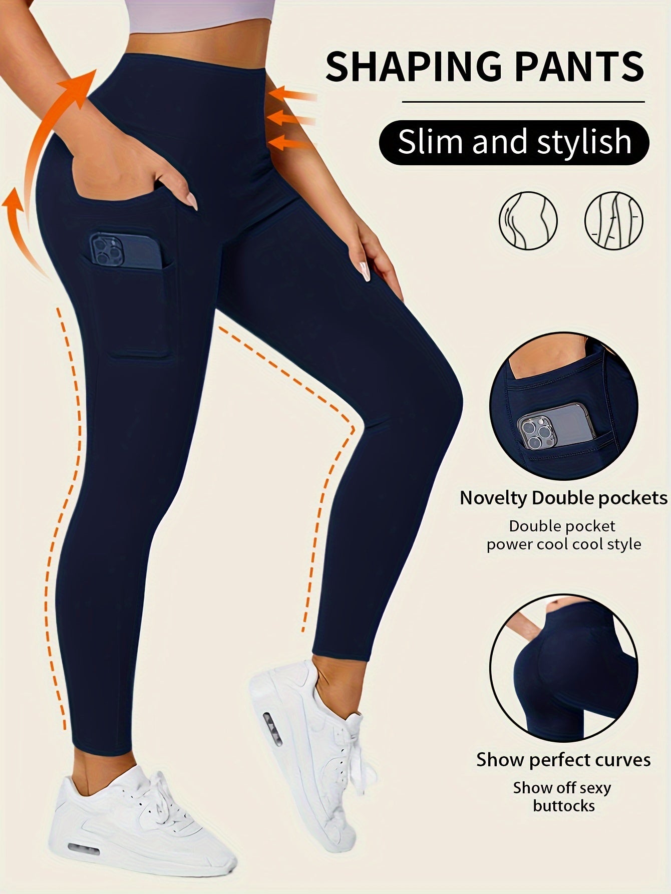 High-Waisted Leggings with Slim-Fit Double Pocket Design -  All-Season Pants, Tummy Control & Butt-Lifting for,, Casual Wear - Hand Washable Stretchy Bottoms