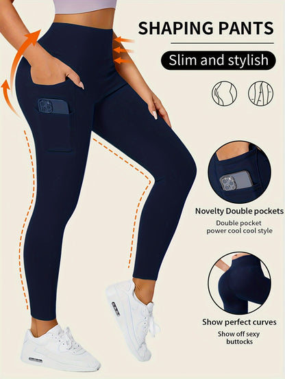 High-Waisted Leggings with Slim-Fit Double Pocket Design -  All-Season Pants, Tummy Control & Butt-Lifting for,, Casual Wear - Hand Washable Stretchy Bottoms