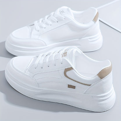 Women'S Platform Skate Shoes, Versatile Height Increasing Lace Up Low Top Shoes, Outdoor Walking White Shoes Plus Size