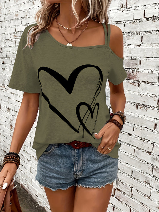 Heart Print One Shoulder T-shirt, Elegant Short Sleeve Top For Spring & Summer, Women's Clothing