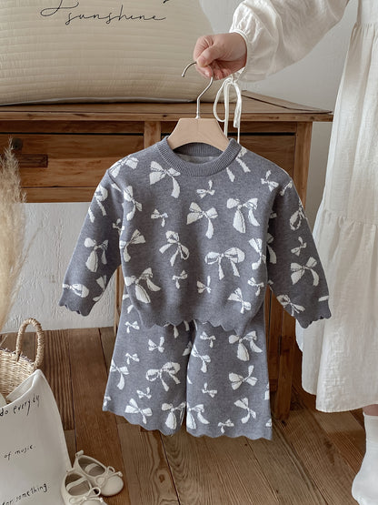 Baby Girl Sweater Set Autumn And Winter Baby Bow All-Over Print Wide-Leg Knit Two-Piece Set, for Outdoor