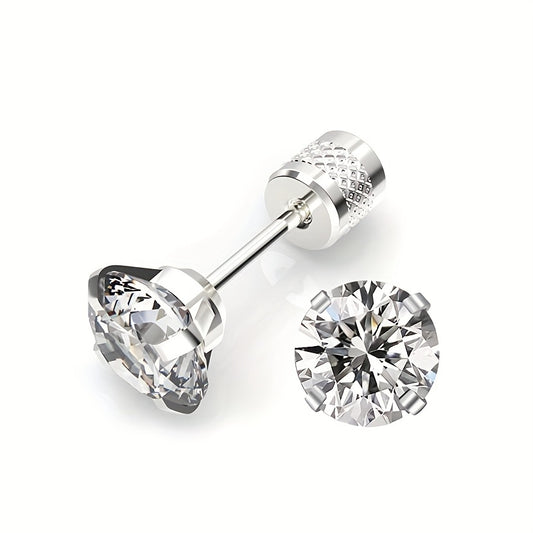 [Perfect for Valentine's Day] Pair of 4mm White Synthetic Zirconia Earrings With Floral Relief Design and Ear Plugs for Pierced Ears, Featuring Exterior Threaded Design. Popular in Europe and America, Perfect for Valentine's Day