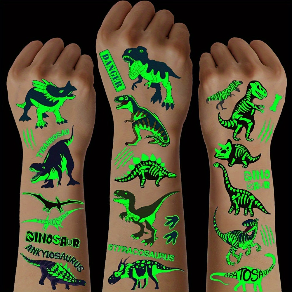 10 Sheets of Luminous Waterproof Glow-in-the-Dark Dinosaurs Temporary Tattoos, Featuring T-Rex, Pterosaur, Velociraptor, Triceratops, and Stegosaur Designs in Rectangular Shape, Perfect for Dinosaurs Birthday Party Supplies, Stocking Stuffers, and Christm