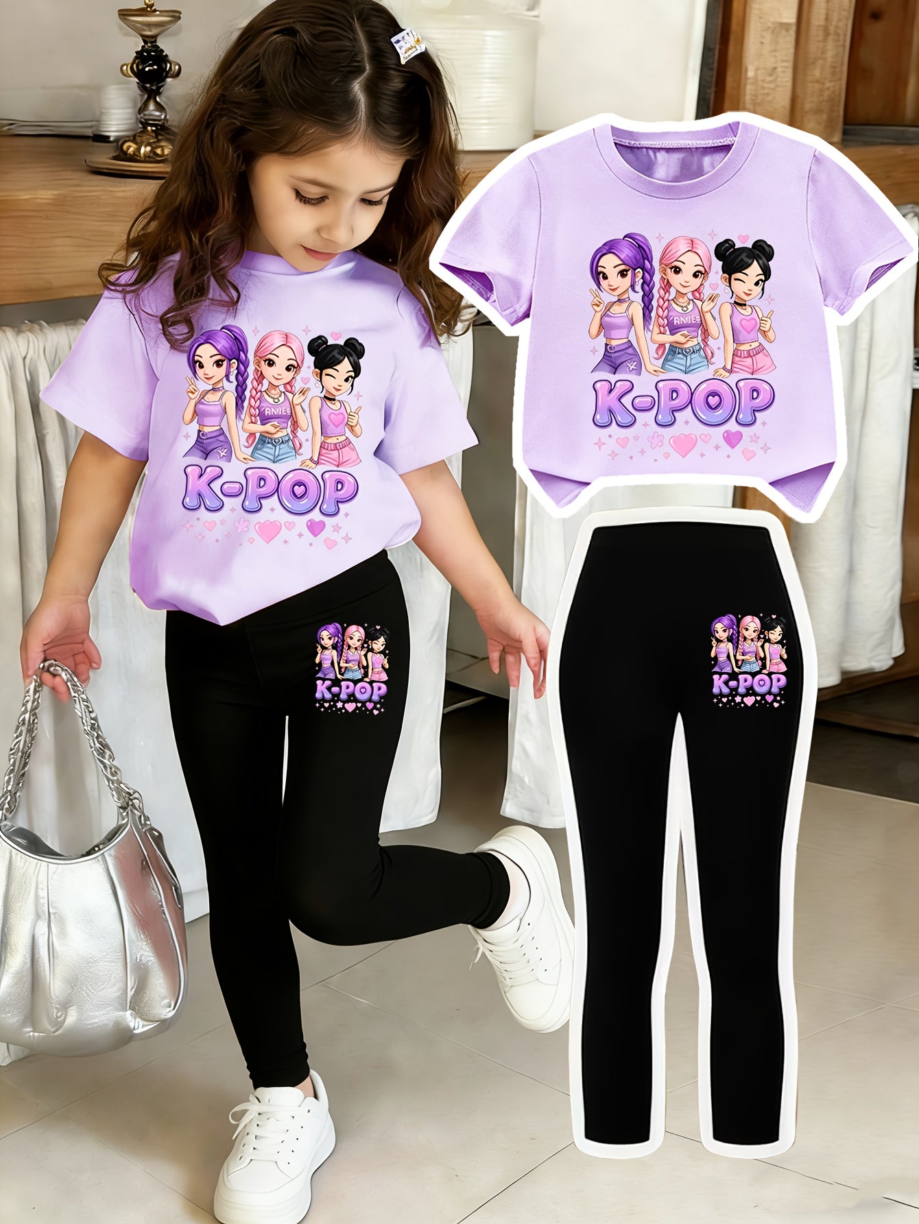 Girls' Sweet Cool K-POP Girl Group Set: Short Sleeve T-Shirt + Black Tight Pants. Skin-friendly Children's Clothing Featuring Vibrant K-POP Girl Group Cartoon Prints and "K-POP" Slogans. Sweet and Cool Korean Style with Matching Elements on Top and