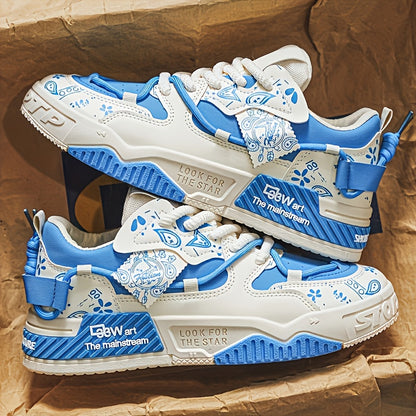 1 Pair Men's & Unisex Low-Top Skate Sneakers - Soft-Soled, Graffiti Camo & Letter Print (TPF/ST) Logo - PU Upper & Cushioned Tread - All-Season Casual Shoes for Skateboarding, College, Commuting - Black/Blue/Green