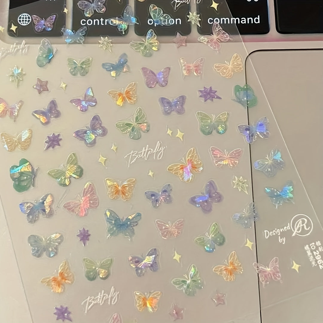 Iridescent Butterfly Nail Sticker, 1pc Glittering Decal For Nails, Self-Adhesive, One-Time Use, Animal Pattern