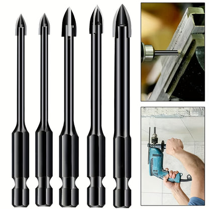5pcs High-efficiency  Drilling Tool, Hexagonal Shank Cross Reaming Triangular Drill Bit, Glass Ceramic Woodworking Electric Tool, Hard Alloy Rust Proof Accessory, Cross Spear Head Drill Bit 3/4/5/6/8mm