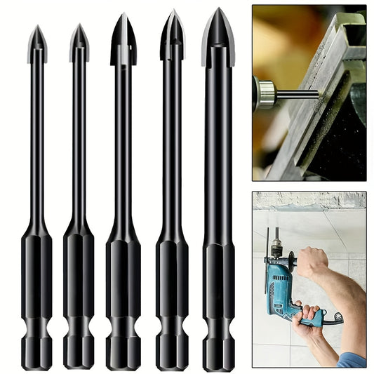 5pcs High-efficiency  Drilling Tool, Hexagonal Shank Cross Reaming Triangular Drill Bit, Glass Ceramic Woodworking Electric Tool, Hard Alloy Rust Proof Accessory, Cross Spear Head Drill Bit 3/4/5/6/8mm