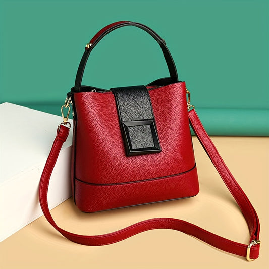 One Solid Color Simple PU Decorative Elegant Handheld Bucket Bag with Buckle Decoration, Convertible into Handbag Suitable for Wo 's Daily Use