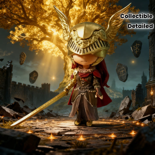 Collectible Figure of a Chibi Character in Anime Style, Featuring Golden Helmet Armor And Red Hair, Designed with a Sword And Intricate Details