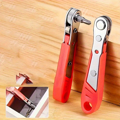 A Red Ratchet Screwdriver with a Narrow Space Ratchet Handle, Allowing for Forward And Backward Operation in Five Different Positions. It Features an Elbow Right-Angle Design And Includes a Phillips Screwdriver Function. The Non-Slip Grip Makes It Suitabl