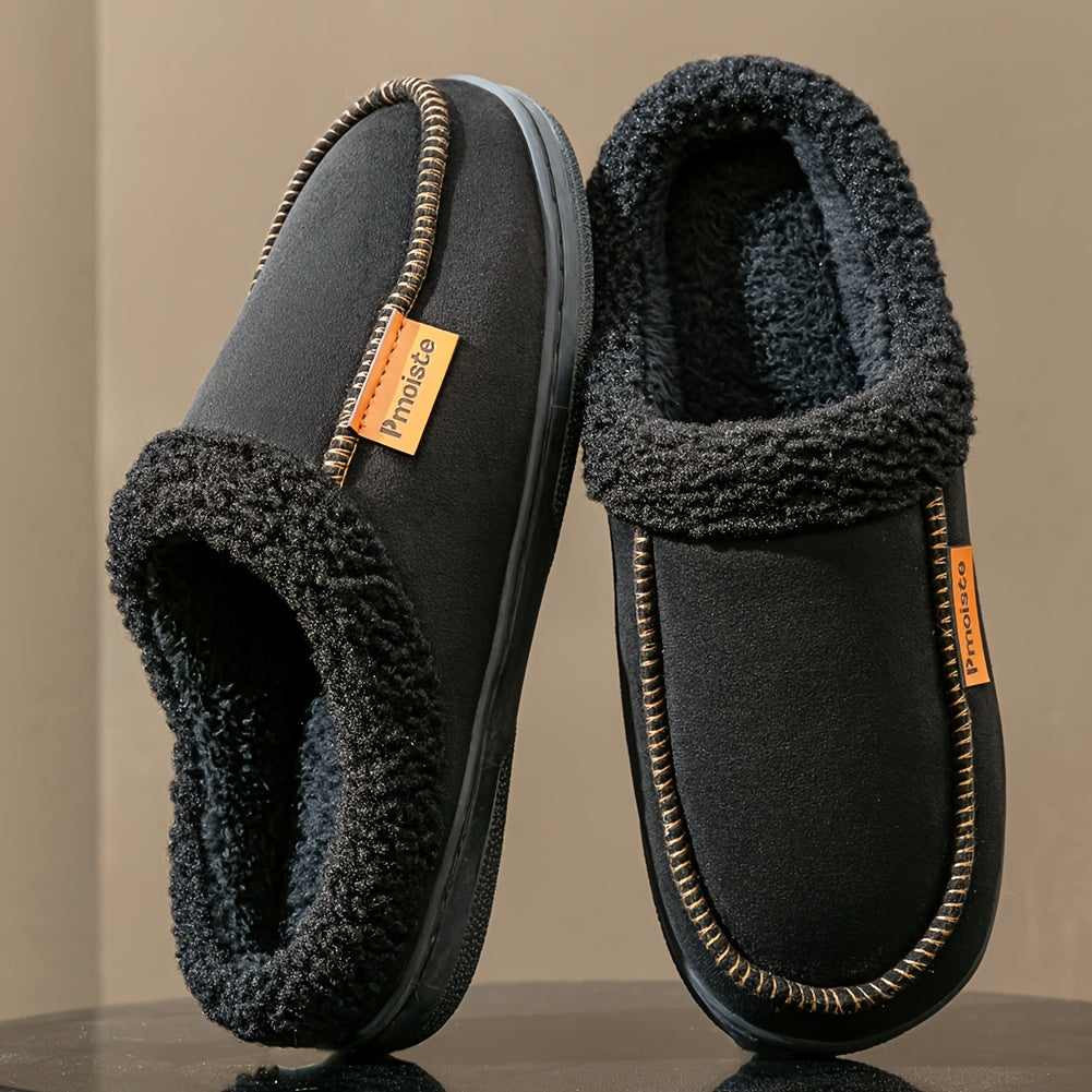 PMOISTE Men'S Plush Fuzzy Retro House Shoes - Winter Warm Indoor/Outdoor Slippers with Plush & TPR Sole, Slip-On Round Toe Design, Indoor Slippers, Indoor Footwear, Minimalist Style, Durable Footwear