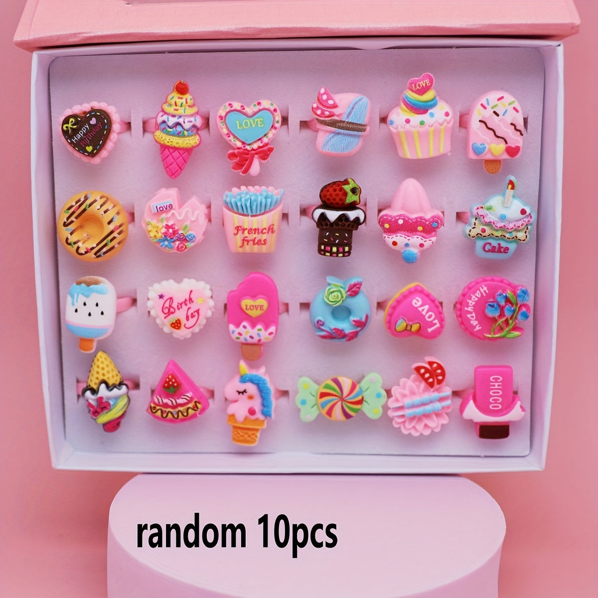 10 Colorful Cartoon Rings for Kids, Party Gifts Featuring Sweet Donut Ice Cream Rings, Sent Randomly (No Box Included)