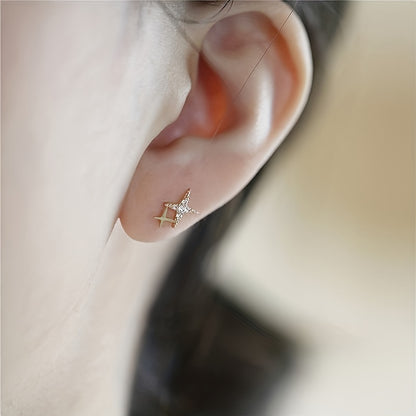 Trendy Inlay Zirconia Double Star Stud Earrings for Women Proposal Engagement Party Jewelry Gift