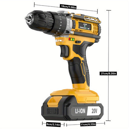 20V Industrial Electric Cordless Impact Drill, Drilling Concrete Walls, Powerful Performance, Easy to Drill Holes, Can Tighten Screws, 3/8-inch Keyless Chuck, 18+3 Torque Setting, Built-in LED Light, 35Nm Maximum Torque, 2.0Ah Battery, Perfect Gift