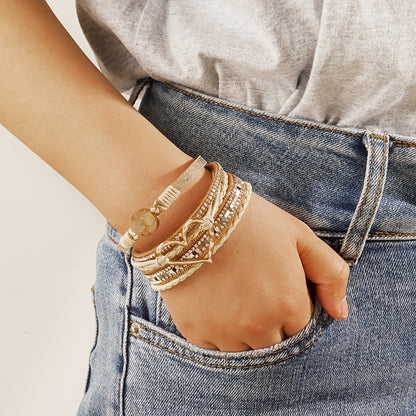 Bohemian Multi-Layer Imitate Faux Leather Bracelet Hand-Woven Bracelet Golden Big Heart Ladies Fashion Bracelet