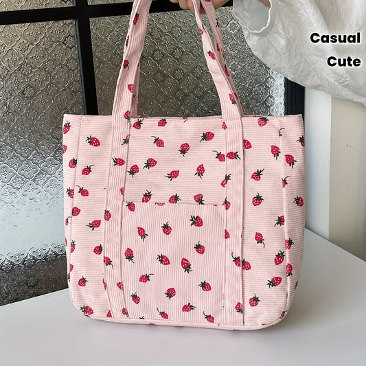[Pink Strawberry|Corduroy] Corduroy Tote Bag for Women | Chic Pink Strawberry Pattern, Fixed Shoulder Strap, Zip Closure | Casual Style, Ideal for Work, Shopping, and Vacation Commute Bag, Playful Design, Cute Purse