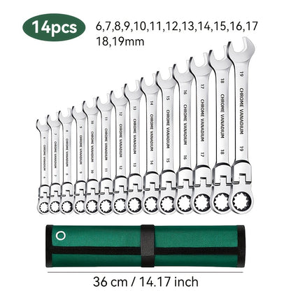 14pcs/7pcs/4pcs Adjustable Head Ratchet Wrench Set | Mirror Chrome Plated Square Drive Quick Ratchet Full Set, Home Auto Repair Tools, Hardware Tools, Ideal Gift for Husband or Father - DAZOSHO