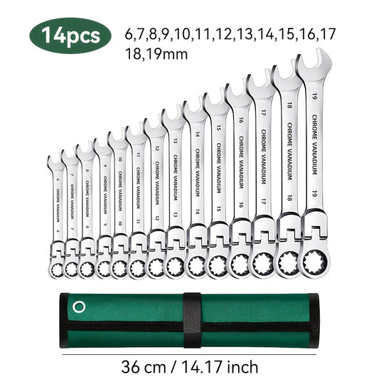 14pcs/7pcs/4pcs Adjustable Head Ratchet Wrench Set | Mirror Chrome Plated Square Drive Quick Ratchet Full Set, Home Auto Repair Tools, Hardware Tools, Ideal Gift for Husband or Father - DAZOSHO