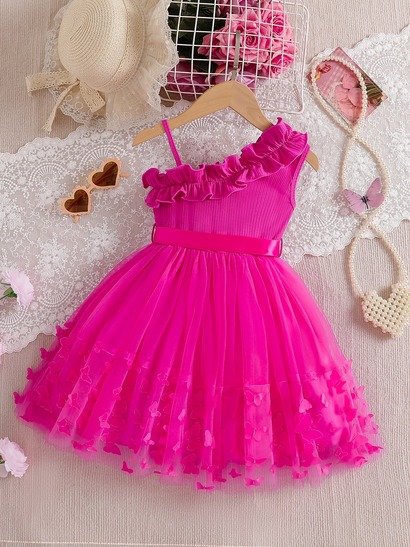 COVIVIKY Girls' Summer Elegant Dress 3D Butterflies And Asymmetrical Ruffle Straps with Bow Party Princess Dress for Daily Casual And Formal Occasions