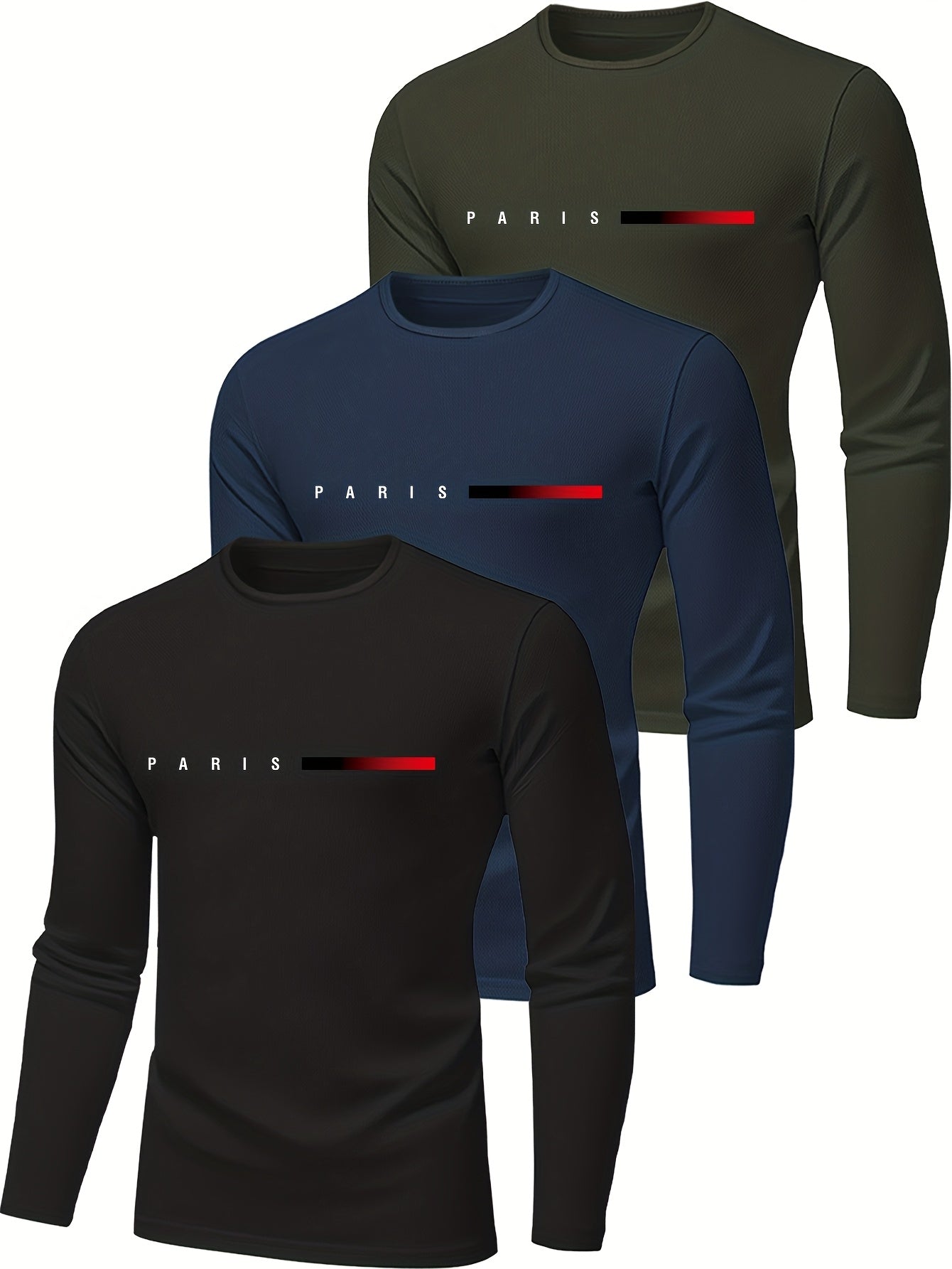 3-Pack Men'S Long-Sleeve T-Shirts, Breathable And Quick-Drying, Crew Neck, Medium Stretch, Printed, Regular Fit, Ideal for Gym Workouts, Morning Runs, Outdoor Activities, Comfortable Everyday Wear