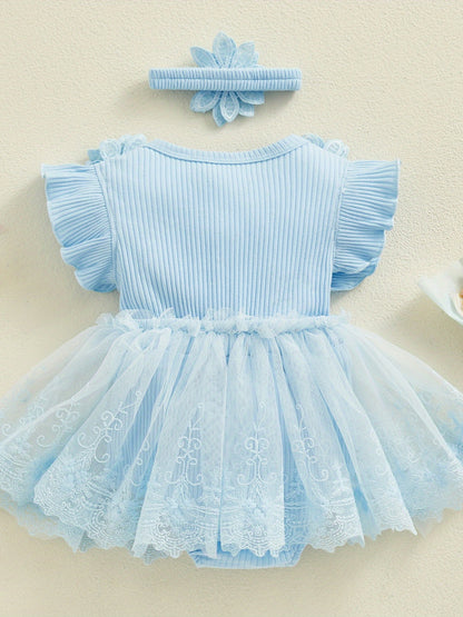 Girl 2pcs Outfits Mesh Lace Patchwork Ruffle Romper Dress and Headband Cute Fashion Summer Clothes, Perfect for Outdoor