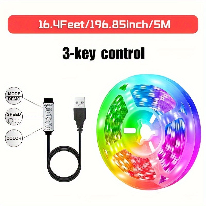 1roll RGB TV Background LED Strip Light Lamp 3 Keys Button Control Flexible Adhesive Tape Suitable For Game Room Halloween Christmas Decorations