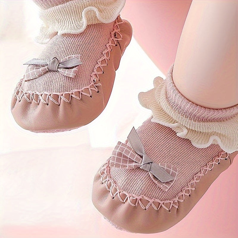 Spring/Autumn Cartoon Children's -Soled Socks, Baby's First Walking Floor Socks with Bow, Non-Slip Soft-Soled Shoe Socks for Kids