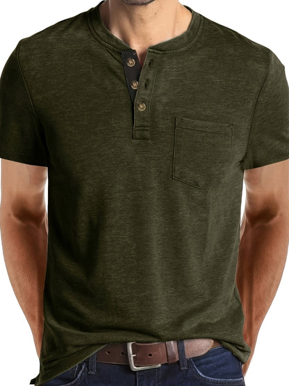 Men's Summer Casual Short Sleeve T-Shirt - Breathable Blend Round Neck Henley-Style Button Front, Semi-Sheer Fabric, Machine Washable Regular Fit for Outdoor & Casual Attire, Relaxed Style, Buttonfront Design, Easy Care, Buttonup Shirt, Warm Weather
